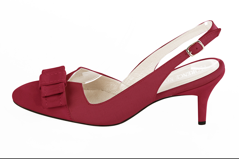 Cardinal red women's open back shoes, with a knot. Round toe. Medium slim heel. Profile view - Florence KOOIJMAN